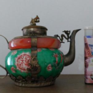 Chinese Rare Tibetan Silver Inlay Porcelain Teapot