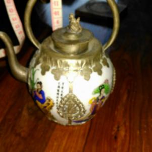 Chinese Rare Tibetan Silver Inlay Porcelain Teapot